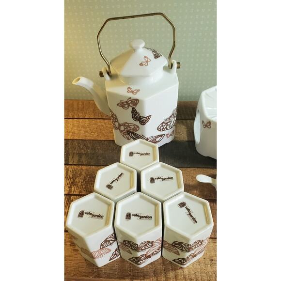 Tea Set Teapot Warmer Sato Gordon Collection Six Cups Brown Gold Butterflies - Picture 4 of 14